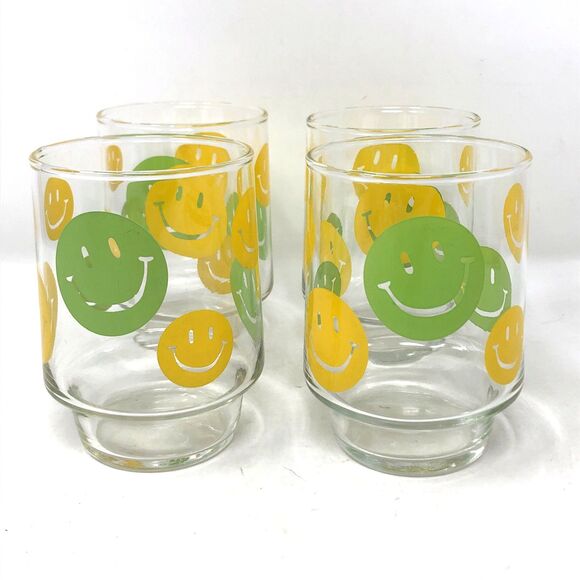 4 VTG 70s LIBBEY SMILEY FACE Stackable Glass Tumblers Green & Yellow 4 1/4" MCM - Picture 2 of 10